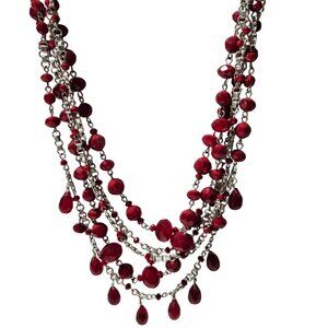 White House Black Market Red Beaded Multi Strand Necklace Silver Tone Chains